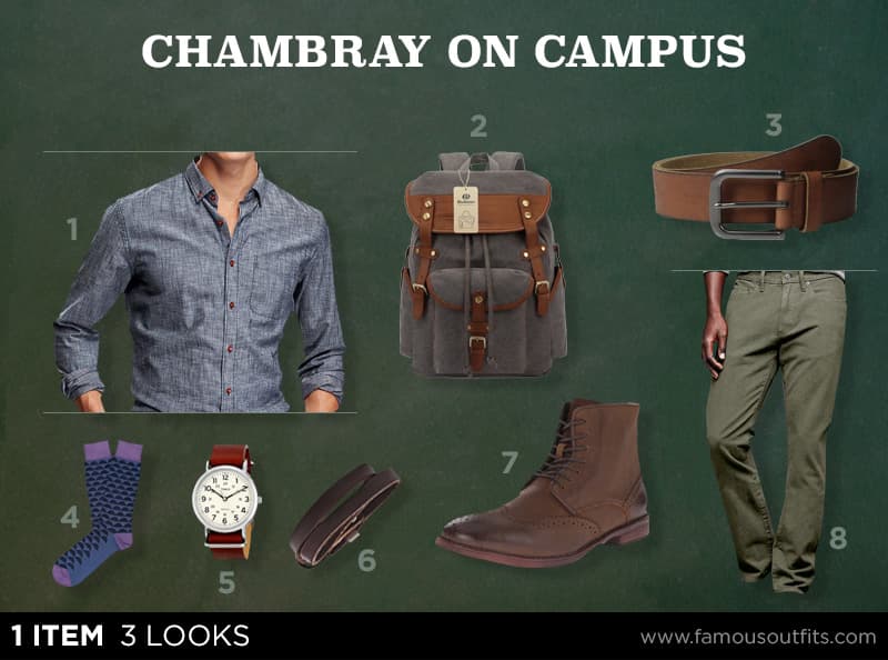 Chambray shirt + olive trousers + brown boots + canvas backpack outfit collage with numbered shoppable pieces