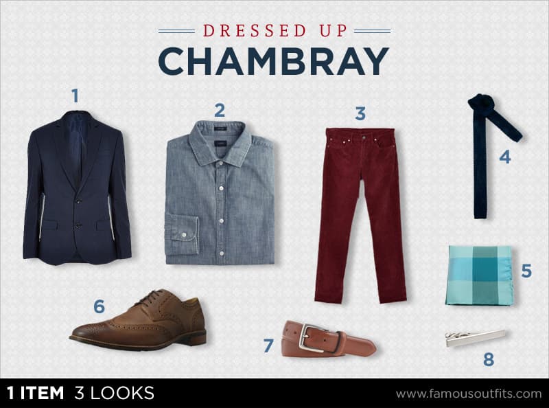 Navy blazer + chambray shirt + burgundy corduroys + brown shoes outfit collage with numbered shoppable pieces