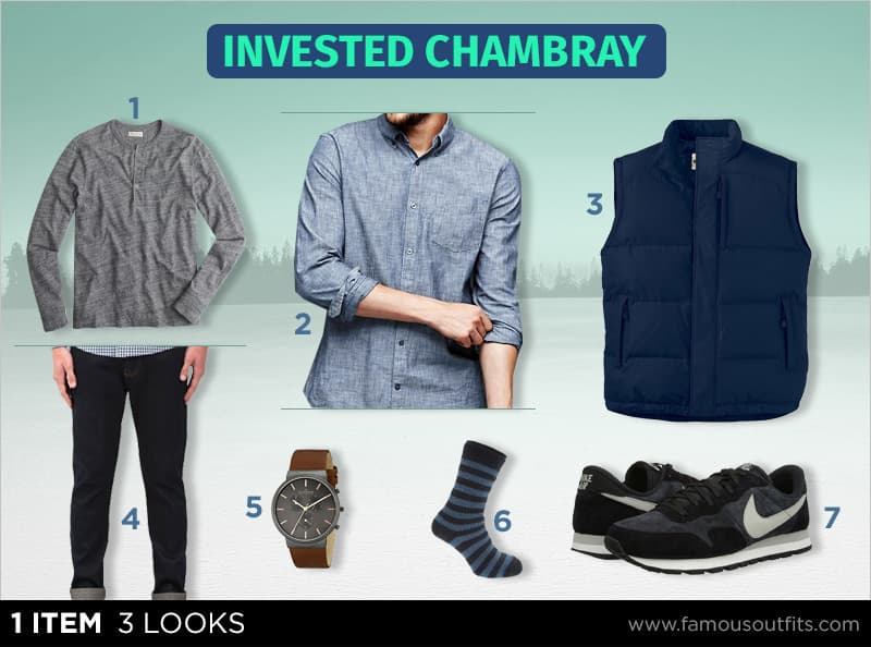 Chambray shirt + gray henley + navy vest + dark jeans outfit collage with numbered shoppable pieces