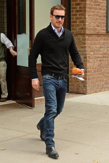 Michael Fassbender’s Shawl Sweater & Chelsea Boots Outfit