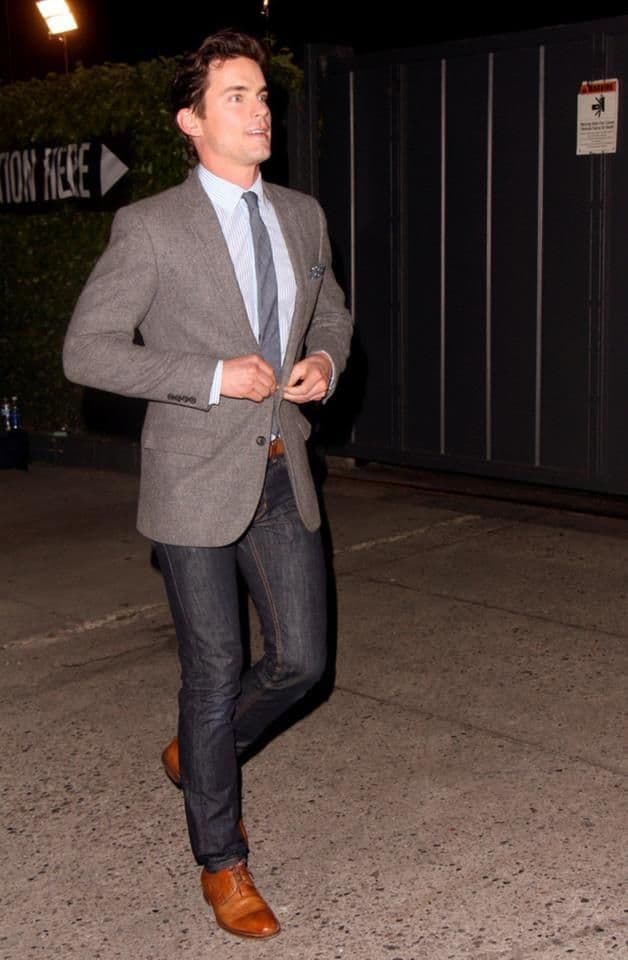 Matt Bomer’s Tweed Blazer & Blue Tie Outfit