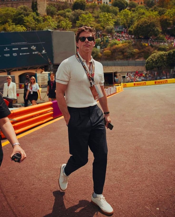 James Marsden’s Cream Knit Shirt & Navy Trousers Outfit