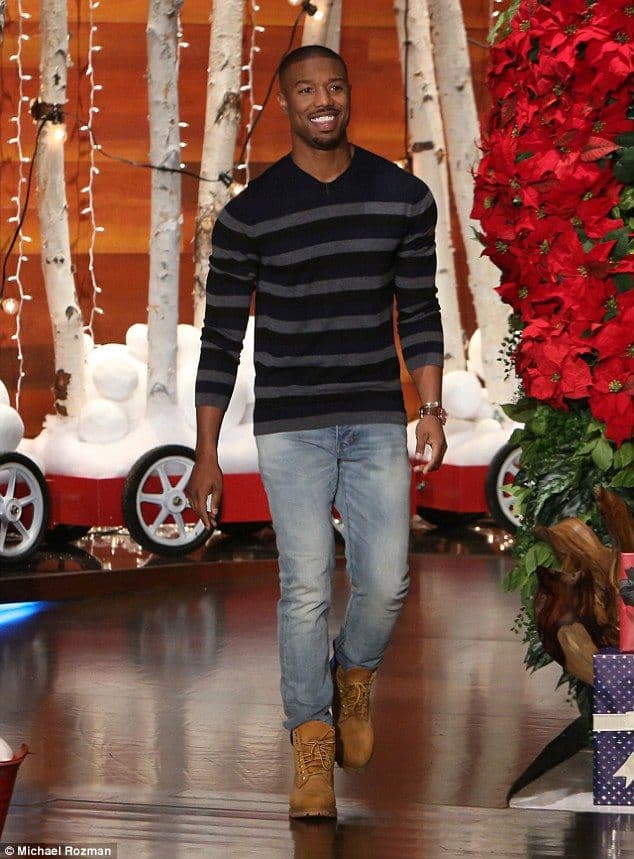 Michael B. Jordan’s Striped Sweater & Timberland Boots Outfit