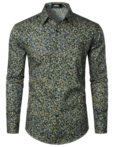 Navy-and-yellow small-floral dress shirt
