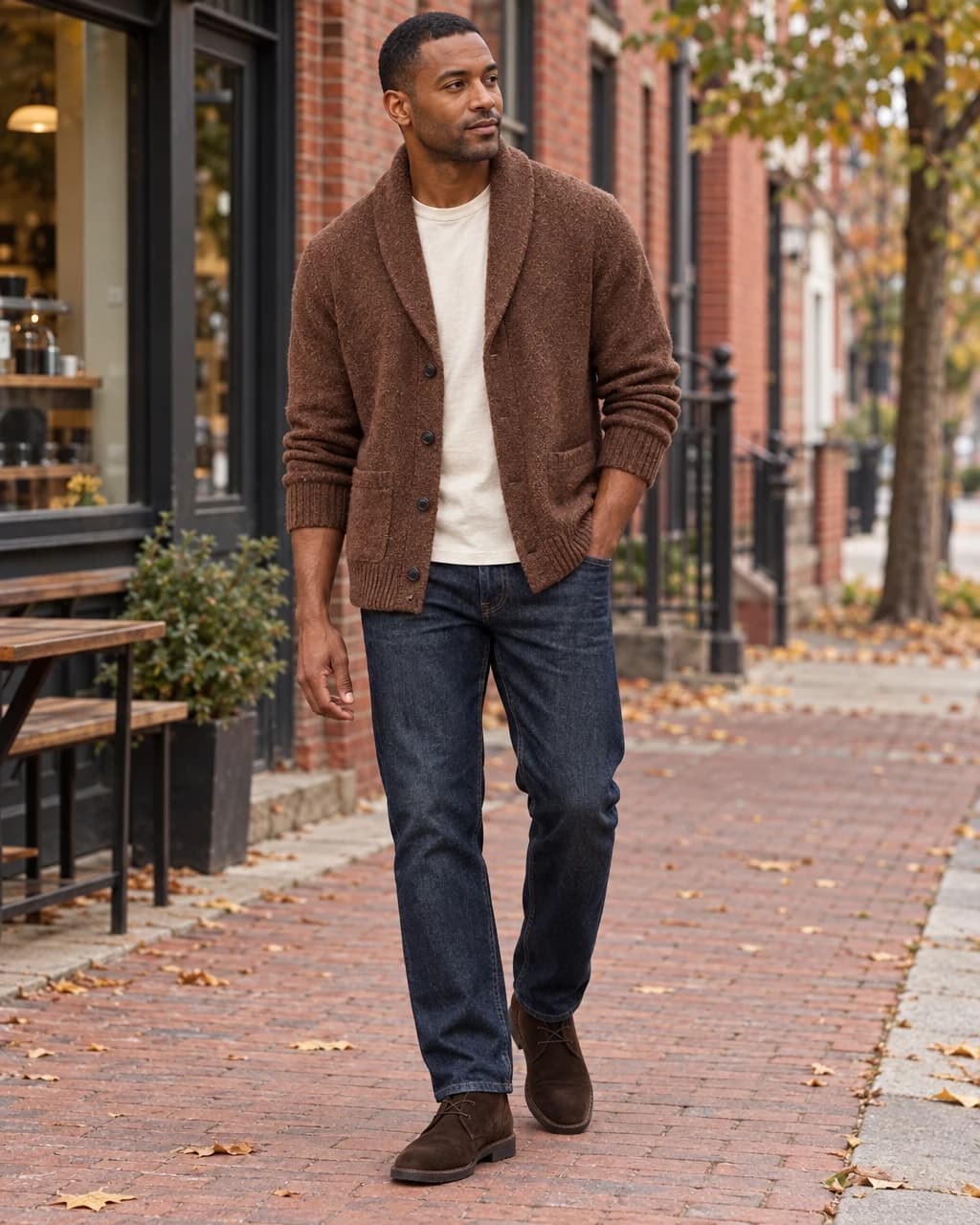 Brown shawl-collar cardigan styled with a light T-shirt and jeans