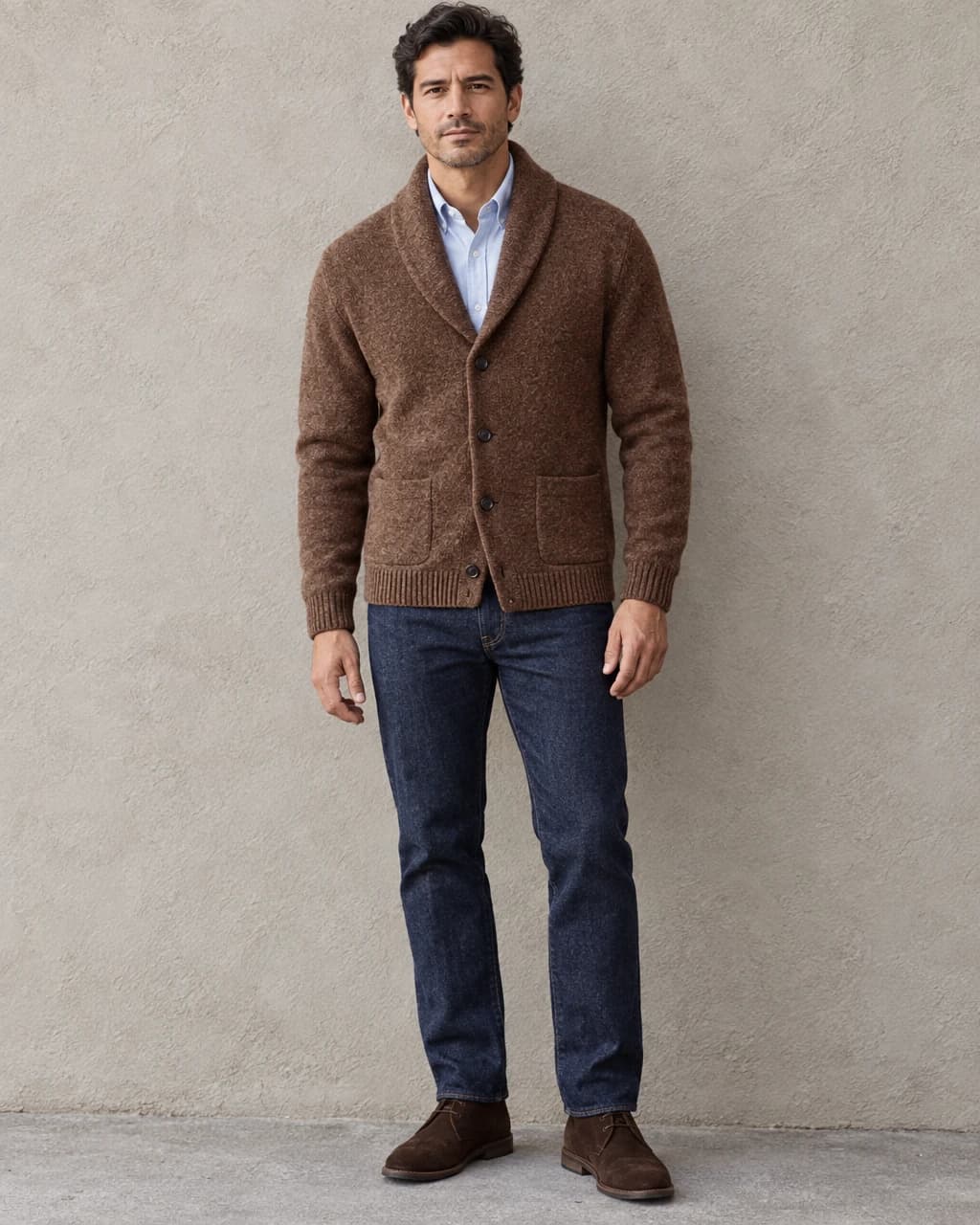 A man wearing a brown shawl-collar cardigan buttoned over a pale blue shirt, with straight dark jeans and brown suede boots, beside a plain wall.