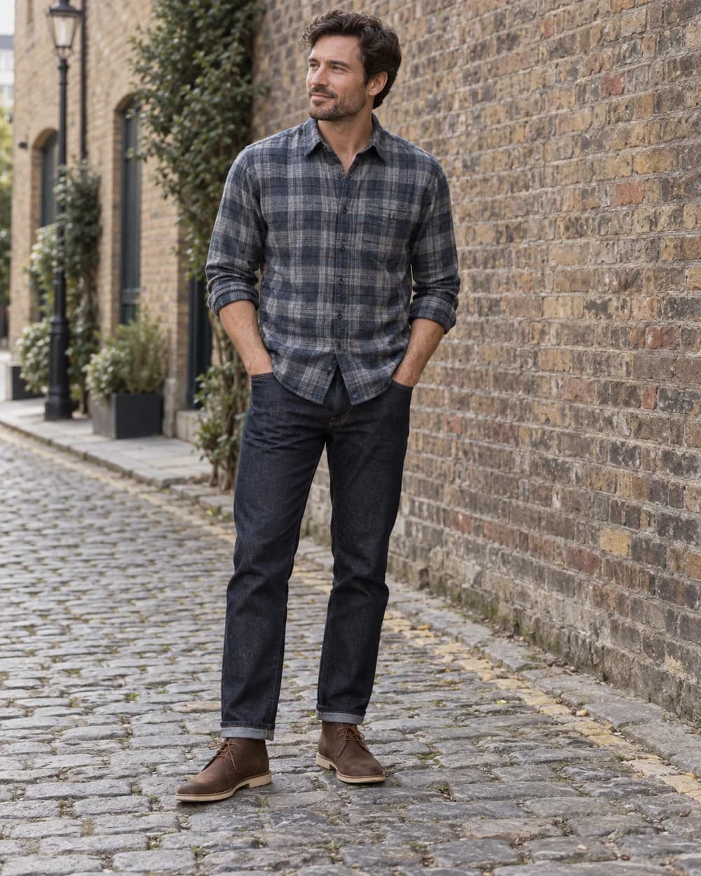 Man in a blue-gray plaid shirt, dark jeans, and brown desert boots on a cobbled street
