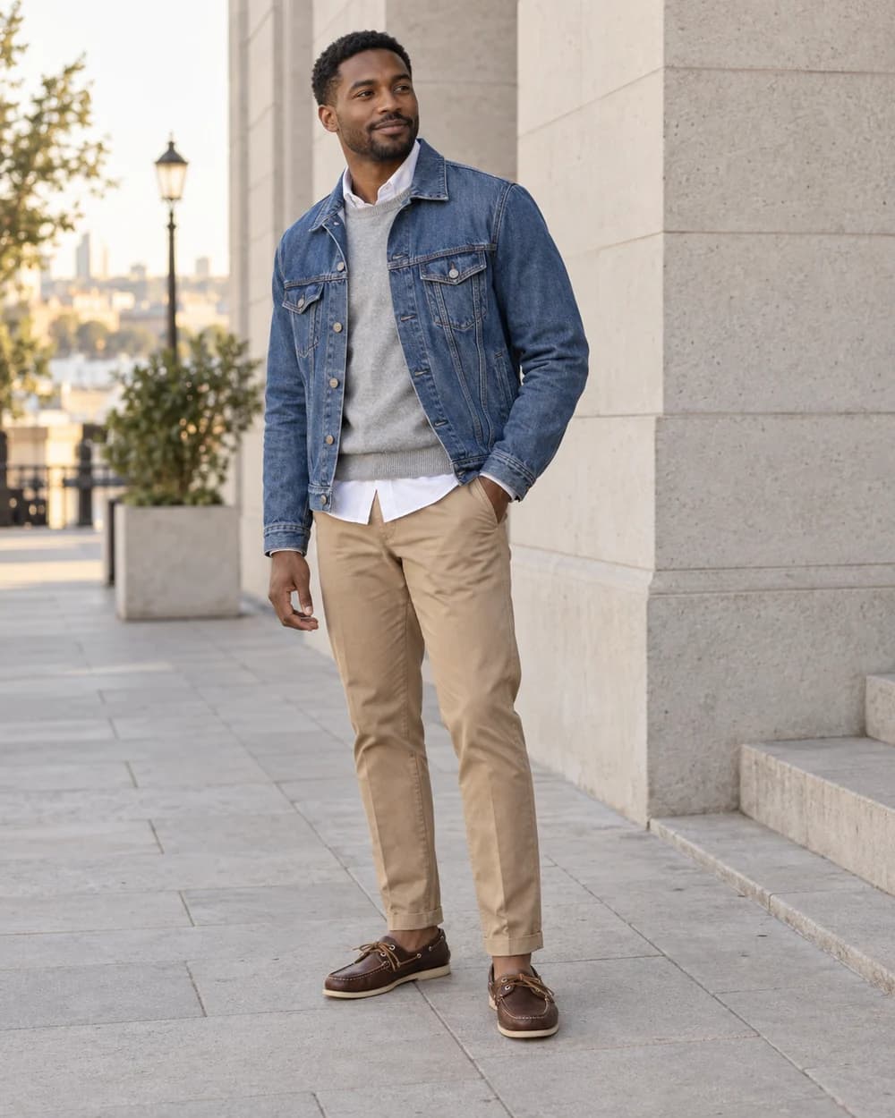 Man in a blue denim jacket over a gray knit and white shirt with tan chinos and brown boat shoes