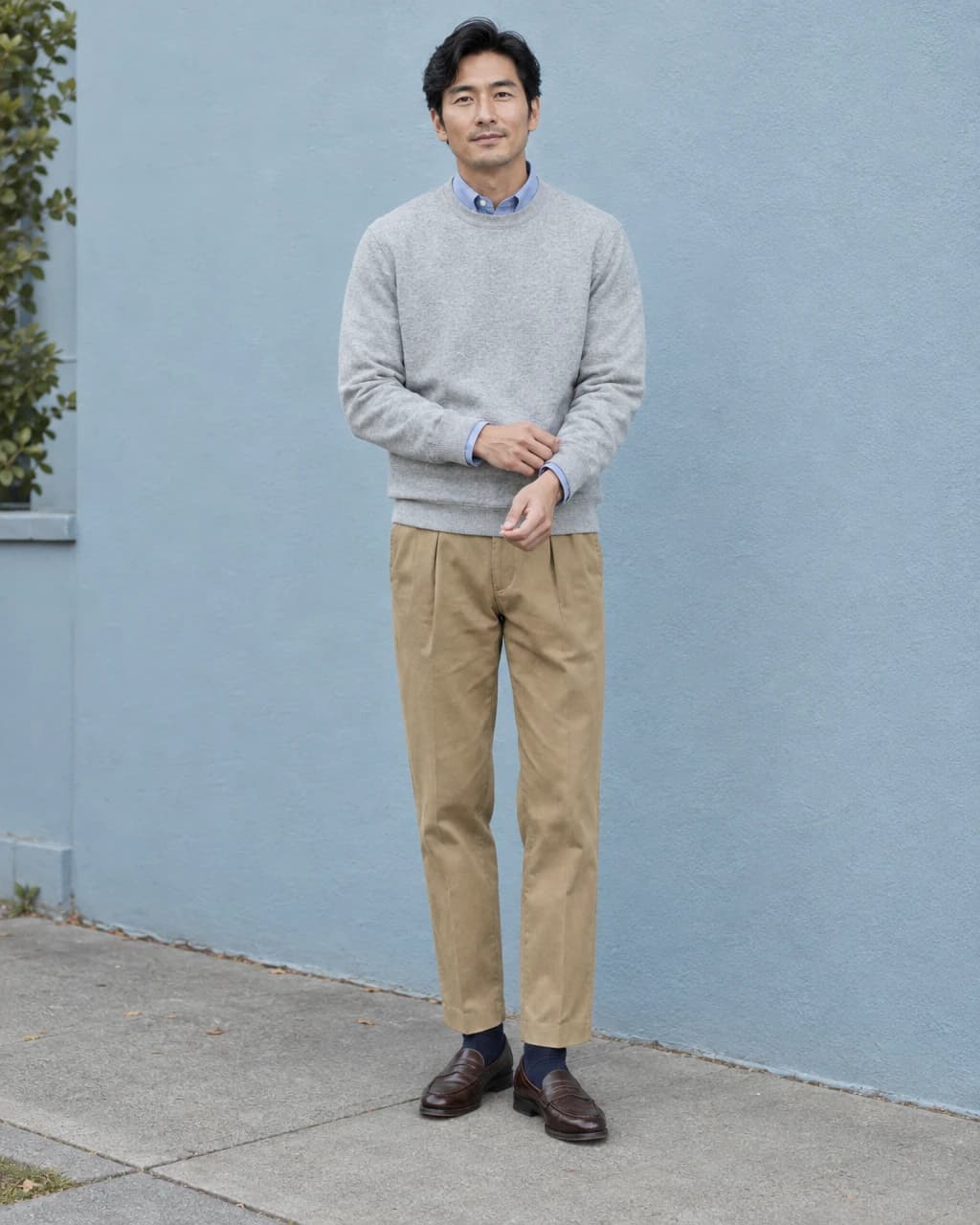 Man adjusting the cuff of a gray sweatshirt over a blue Oxford shirt, wearing khaki chinos and brown loafers beside a matte blue wall.