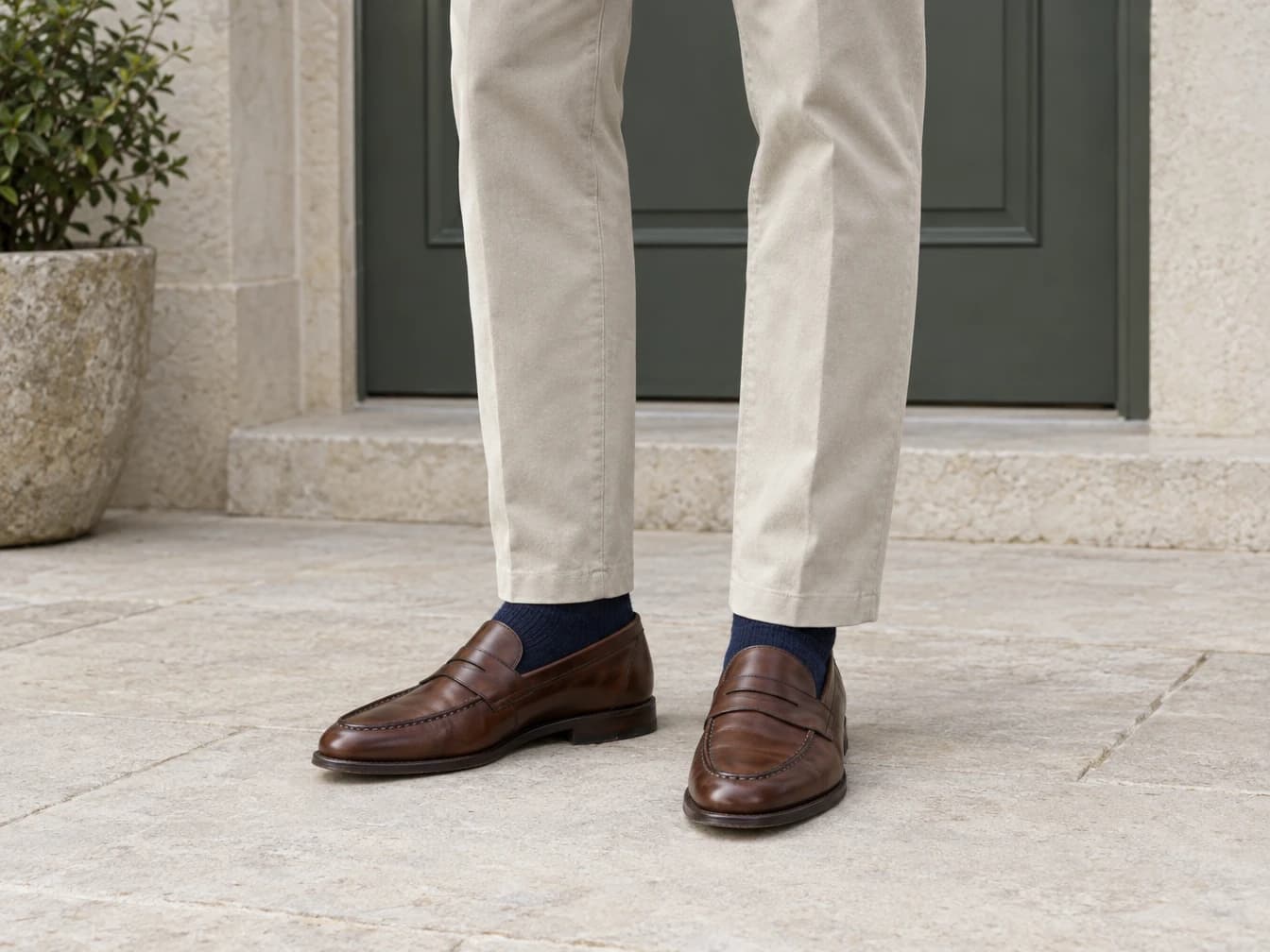 Stone chinos with a clean hem above navy socks and brown penny loafers, illustrating how a lower shoe opening affects the view.