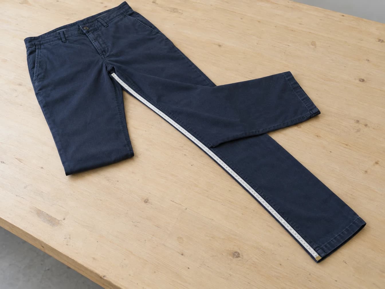Navy chinos laid flat with a flexible measuring tape along the inside leg seam, ready for an inseam comparison.