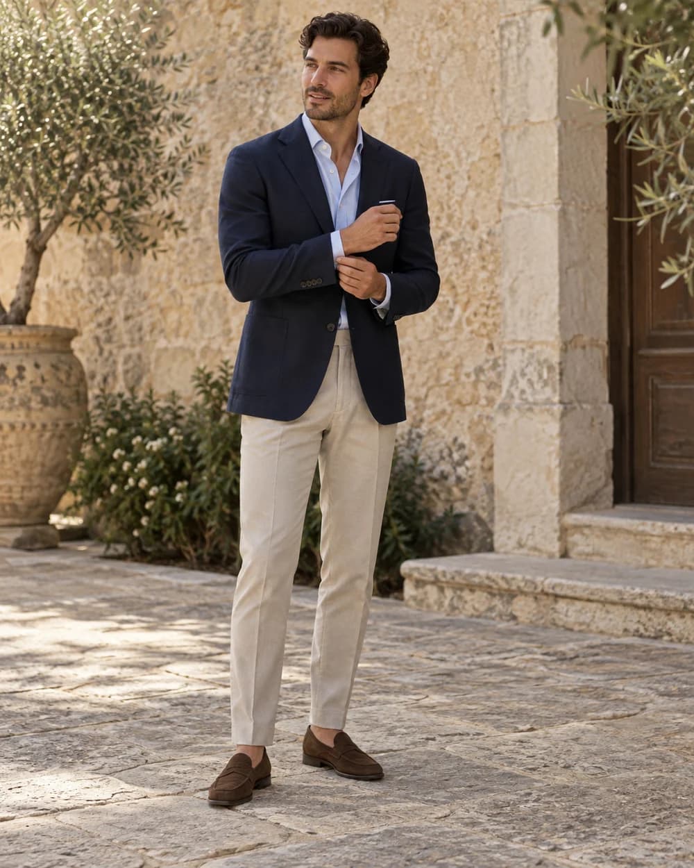 Man wearing a navy blazer, light-blue shirt, stone trousers, and brown loafers in a sunlit stone courtyard