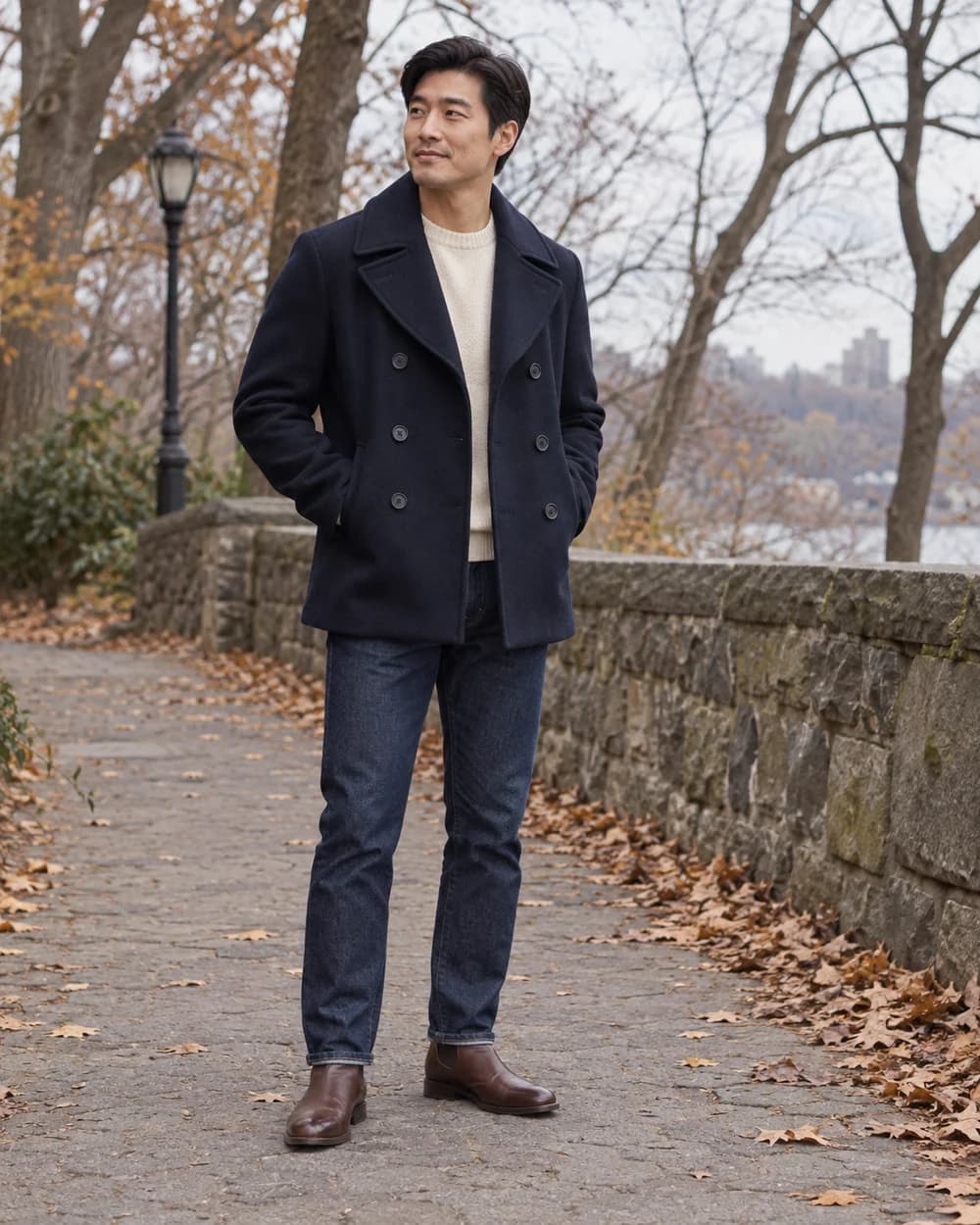 Man wearing a navy peacoat, cream sweater, dark jeans, and brown boots on an autumn park path