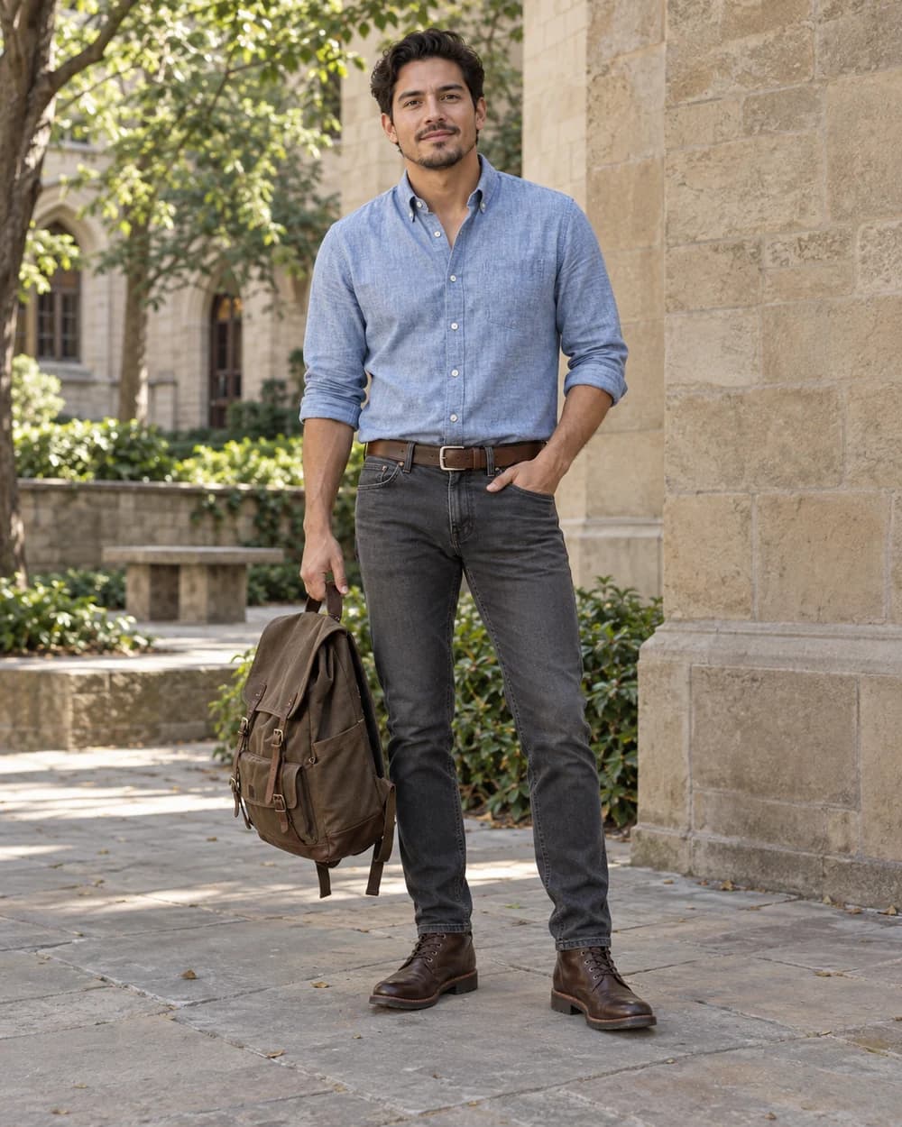 Man wearing a blue chambray shirt, charcoal jeans, brown boots, and carrying a canvas backpack in a courtyard
