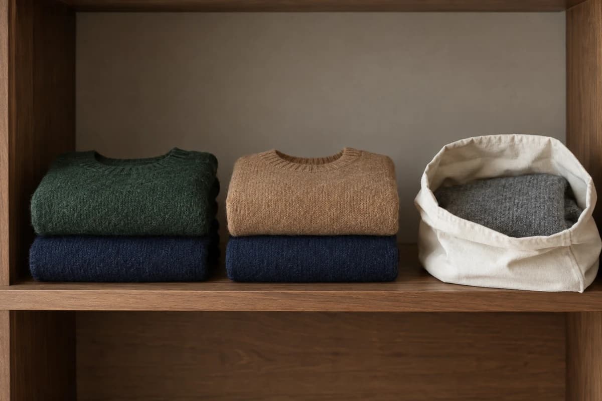 Folded green, navy and camel wool sweaters on a walnut shelf beside a cotton storage bag holding a gray knit.