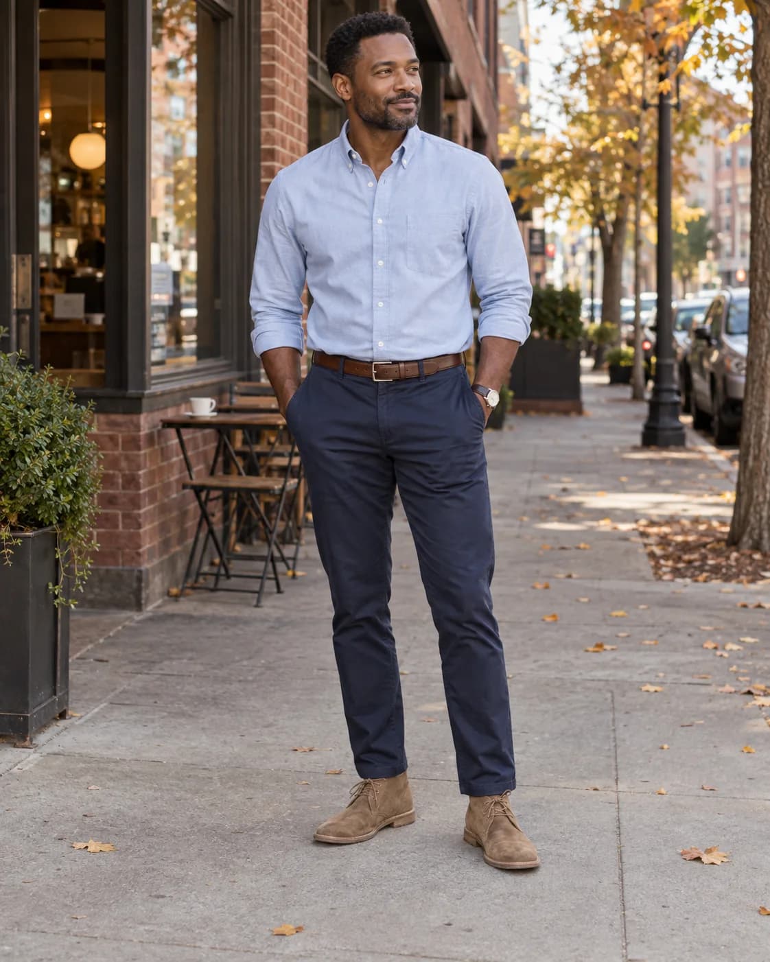 Man wearing a pale blue Oxford shirt, navy chinos and taupe suede chukka boots outside a cafe