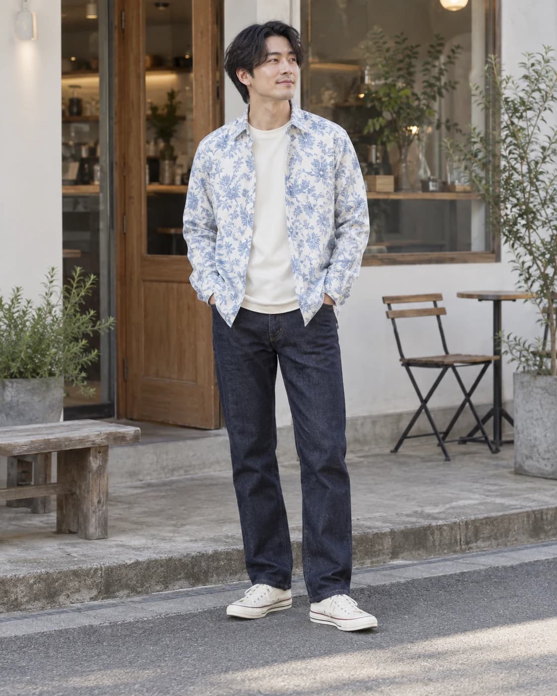 Pale blue-and-white floral long-sleeve shirt open over a cream tee with dark indigo jeans and off-white sneakers beside a café