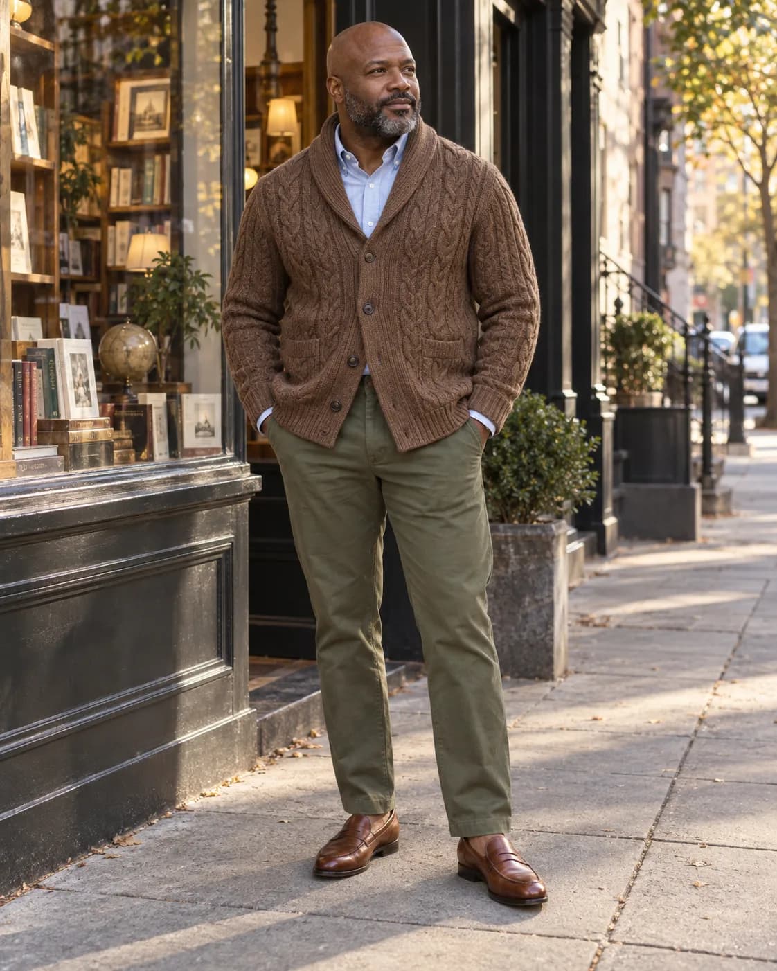 Black man in a brown shawl-collar cardigan, blue Oxford, olive chinos and cognac loafers outside a city bookshop
