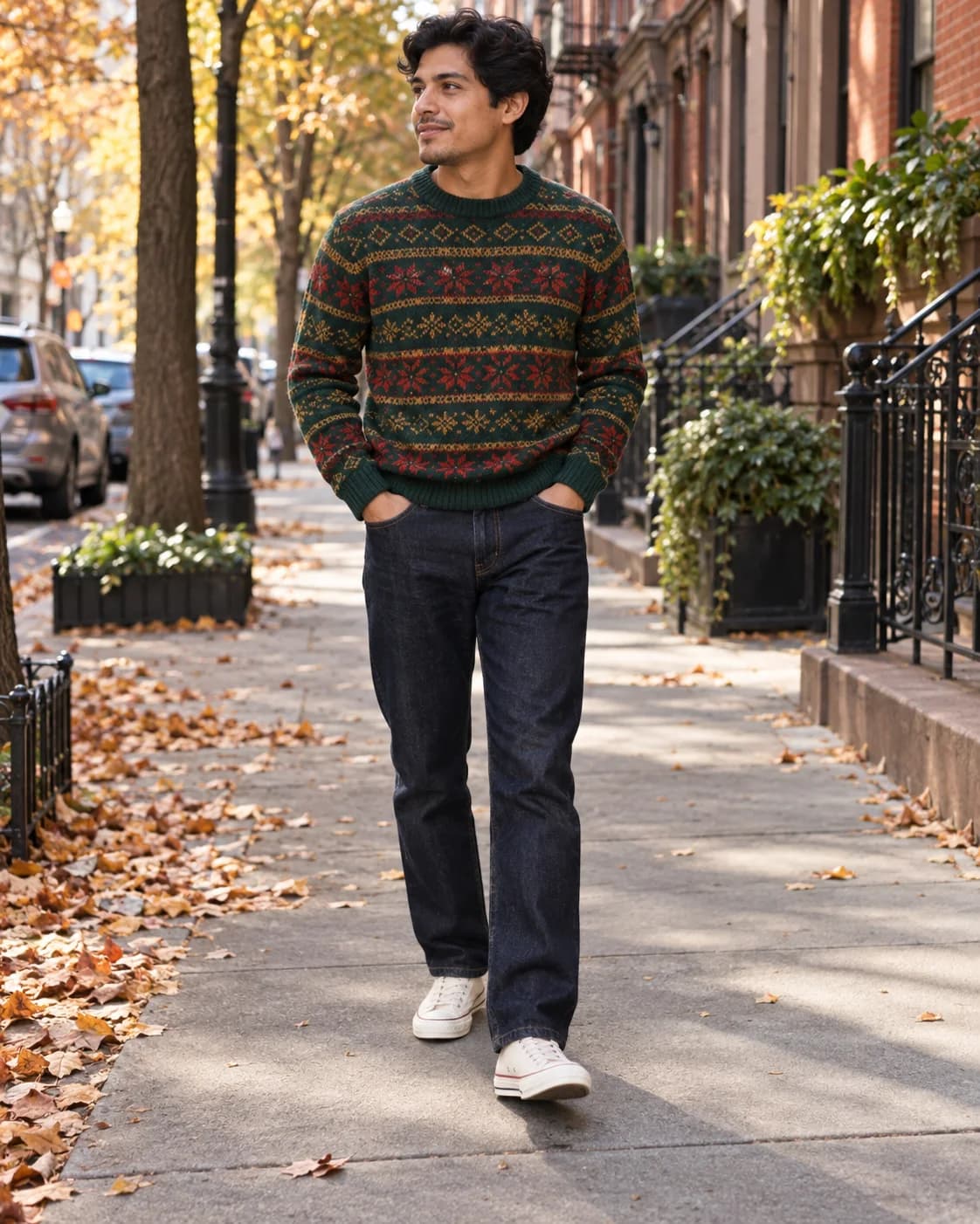 Young Latino adult man wearing a green geometric Fair Isle sweater, dark indigo jeans and off-white canvas sneakers on a city sidewalk