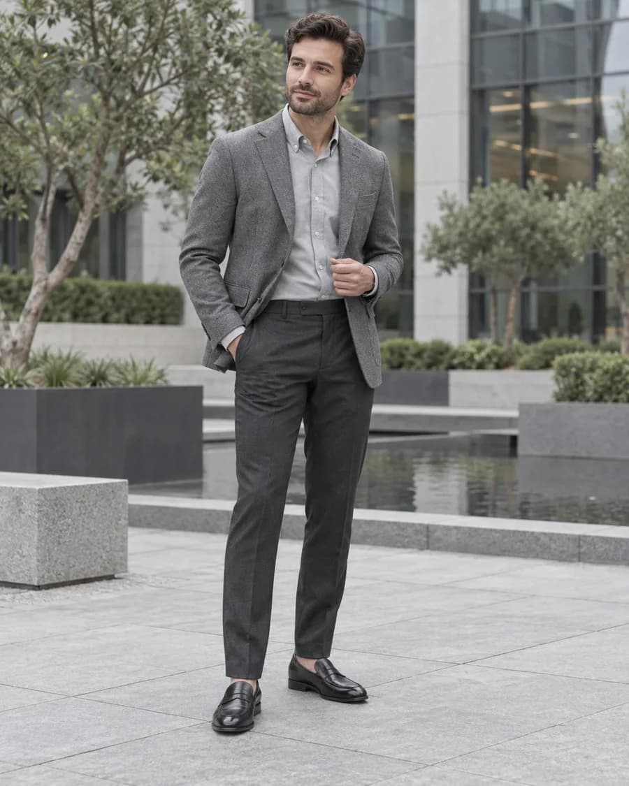 Man wearing a light gray button-down, gray blazer, charcoal trousers and black Oxfords