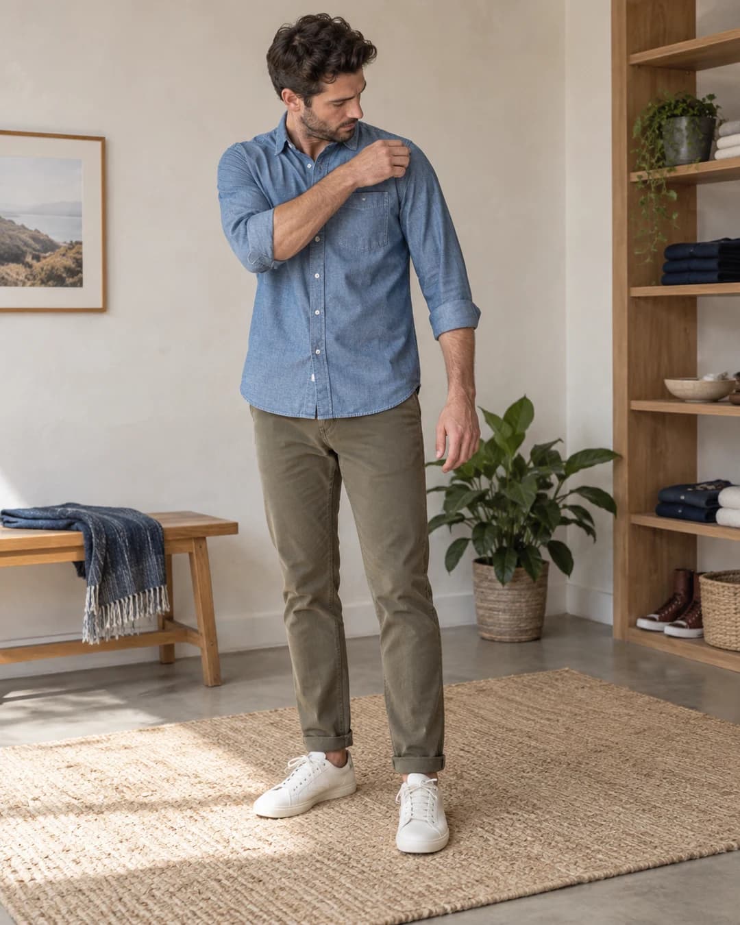 Man checks the shoulder fit and sleeve length of a chambray button-down shirt