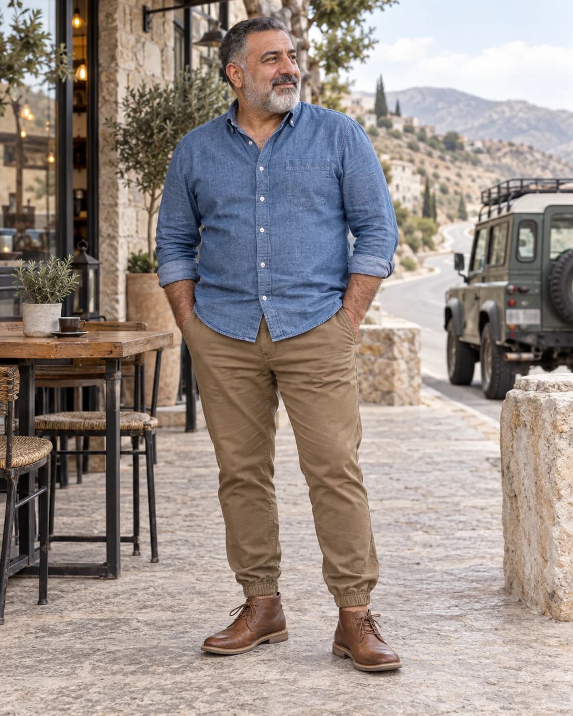 Middle Eastern man in khaki-brown chino joggers, a rinsed-blue chambray shirt and cognac leather chukkas