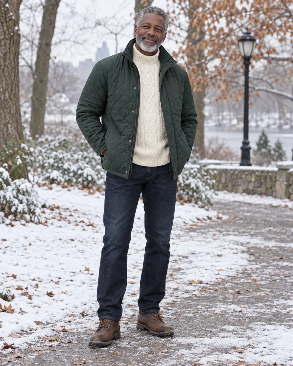 Man wearing a dark green quilted jacket over a cream sweater with dark jeans and brown boots in a winter park