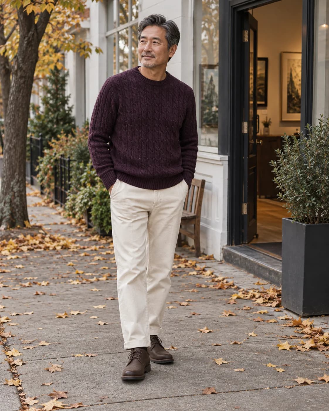 Middle-aged East Asian man in a plum cable-knit sweater, ecru jeans and brown chukka boots on a fall street
