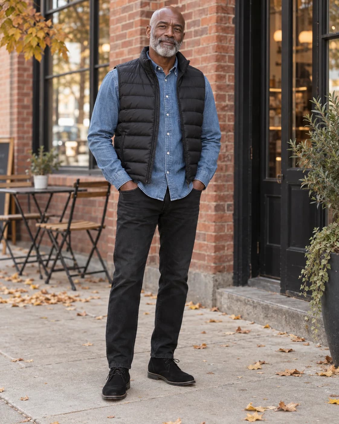Mature Black man wearing a black down vest over a medium-wash denim shirt with black jeans and black suede chukka boots outside a brick cafe