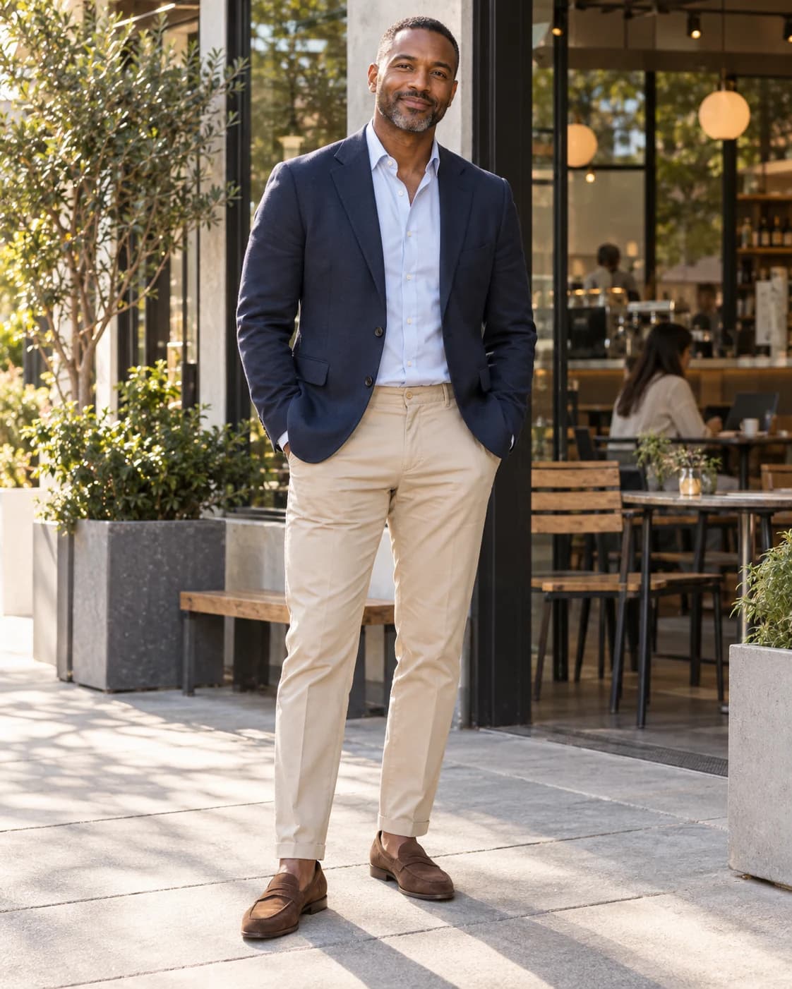 Adult Black man wearing a solid navy sport coat, pale-blue shirt, stone chinos and brown suede loafers