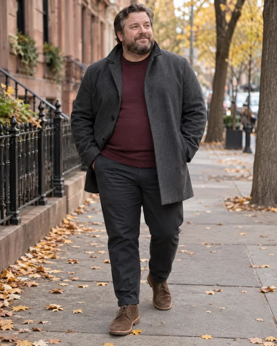 Plus-size white man in a burgundy sweater, charcoal coat and dark trousers on an autumn city sidewalk