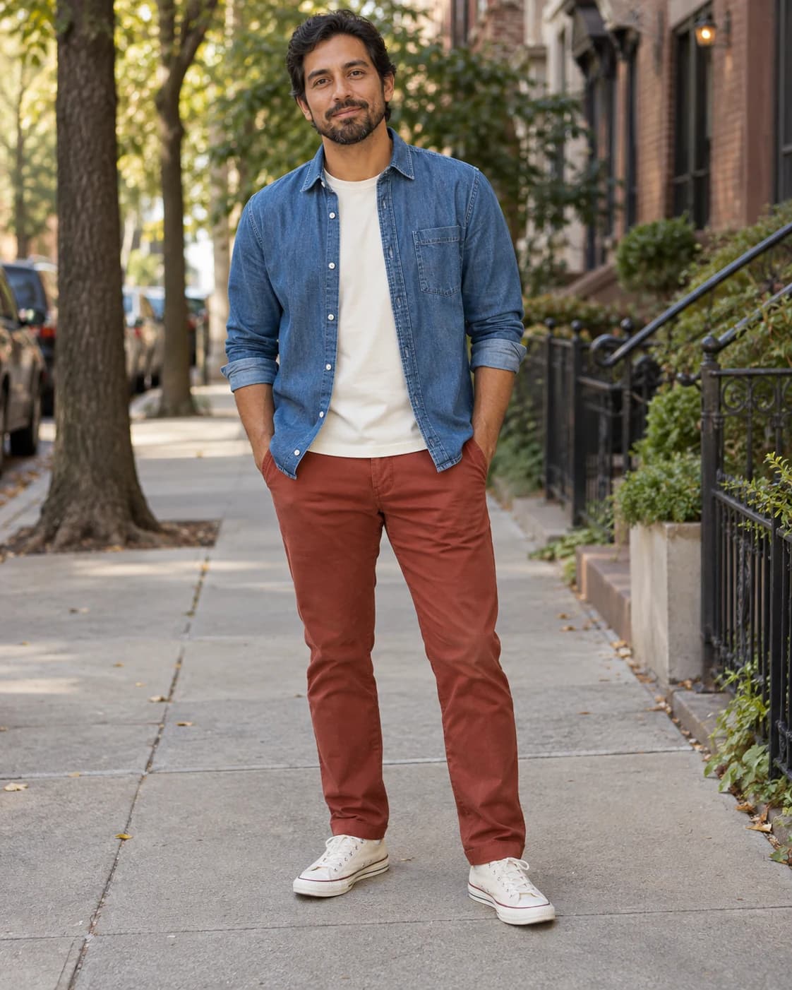 Adult white man wearing rust-red chinos with a medium-blue denim shirt over a cream tee and off-white trainers