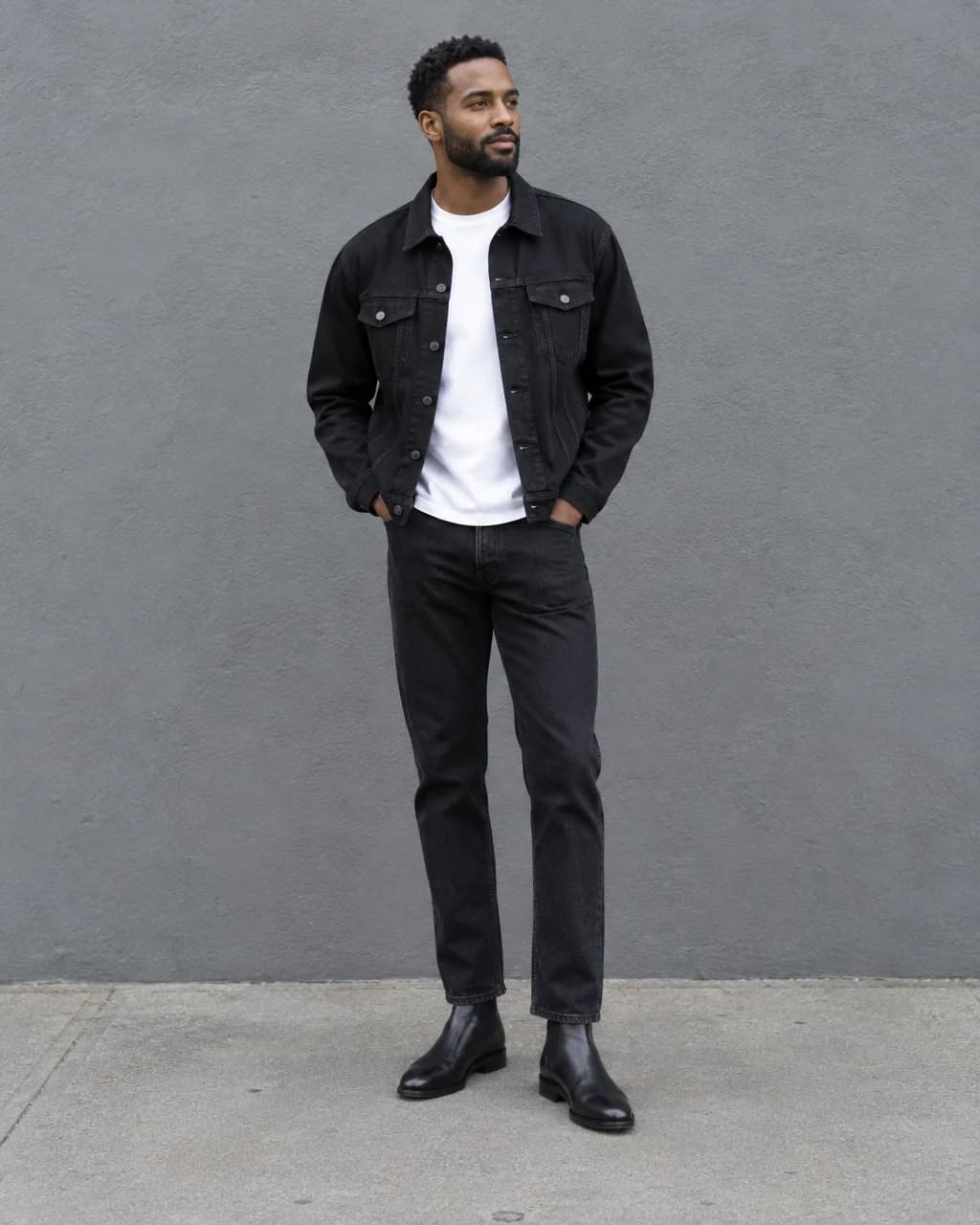 Man in black denim jacket, white tee and black jeans with smooth black leather Chelsea boots