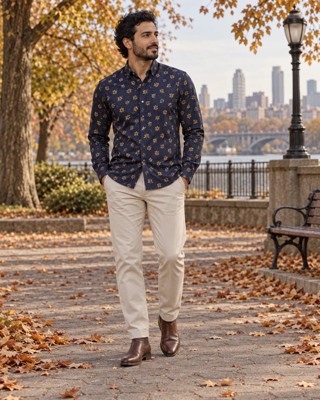 Navy long-sleeve shirt with small yellow floral repeat, stone chinos and brown leather ankle boots in an urban park