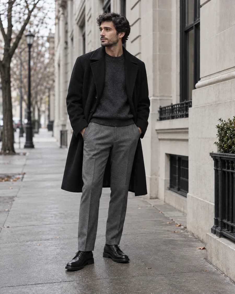 Man wearing a black overcoat, charcoal knit, gray trousers and black leather shoes