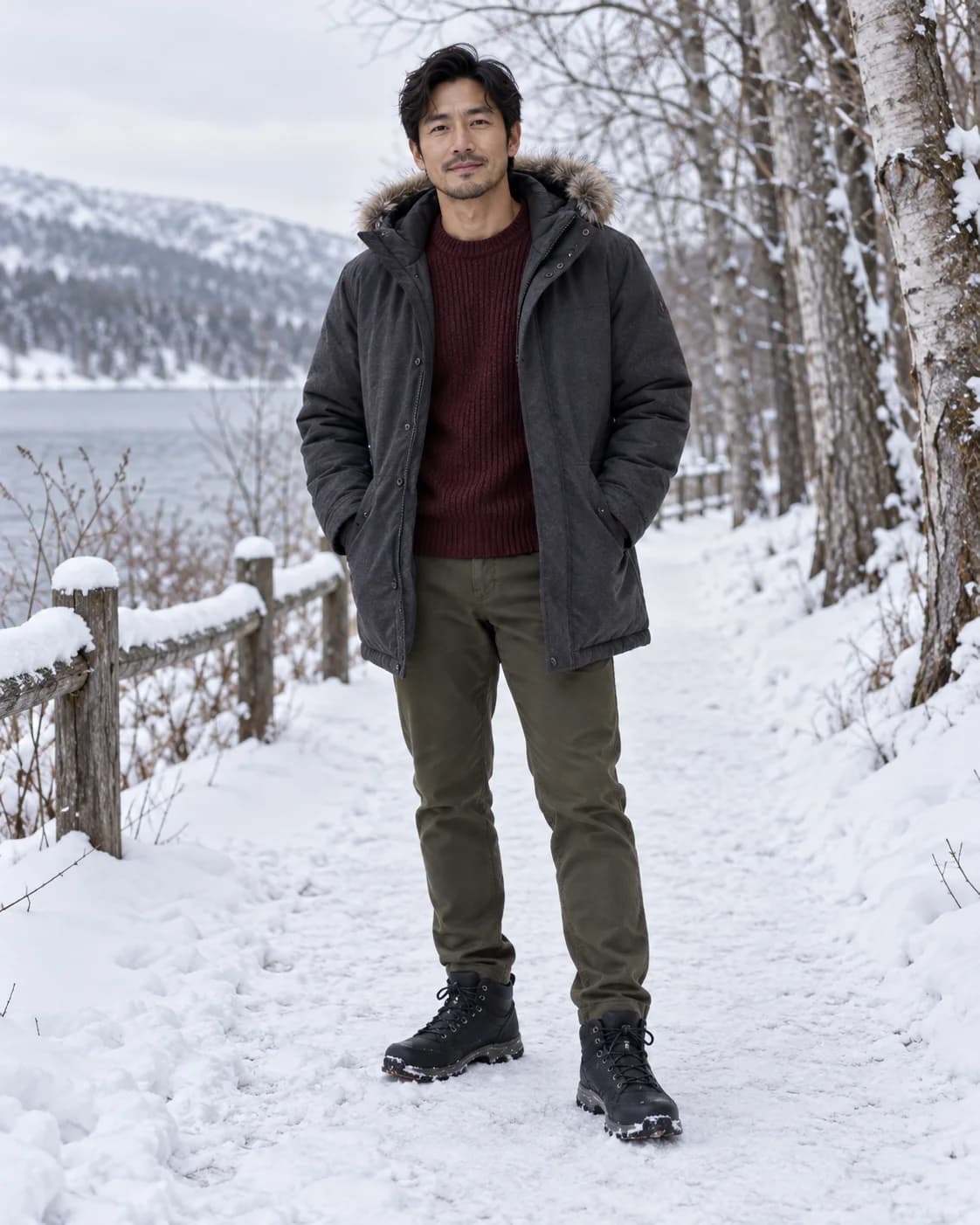 Man in a charcoal winter parka, burgundy sweater, olive trousers and black waterproof boots on a snowy path