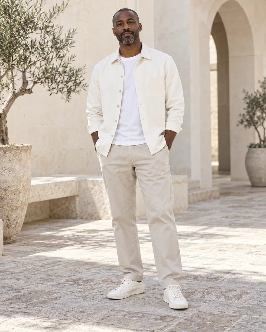 Man in an ivory overshirt, white T-shirt, light stone trousers and off-white sneakers