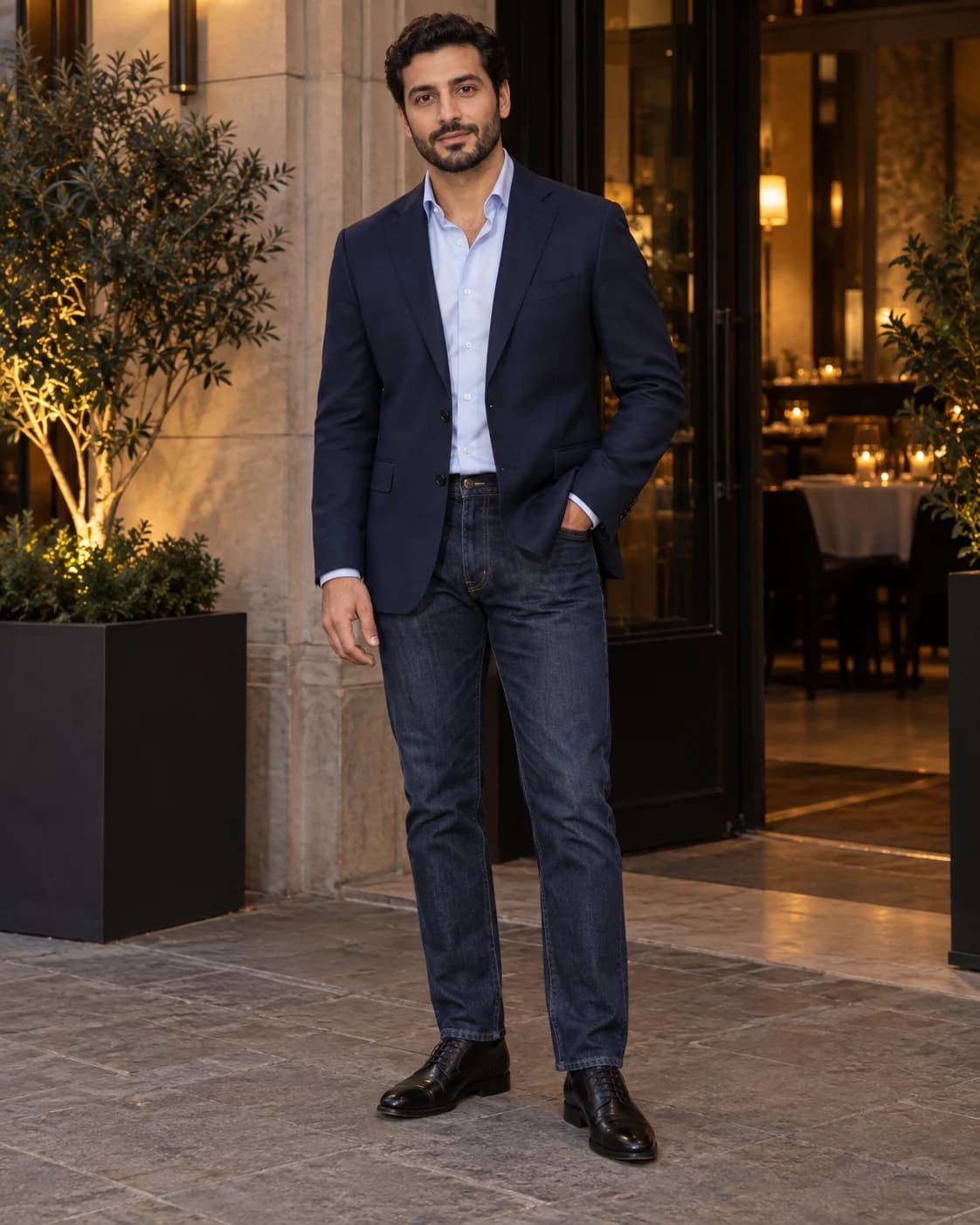 Adult Middle Eastern man in a navy stretch-wool blazer, pale-blue shirt, dark indigo jeans and black cap-toe Oxfords