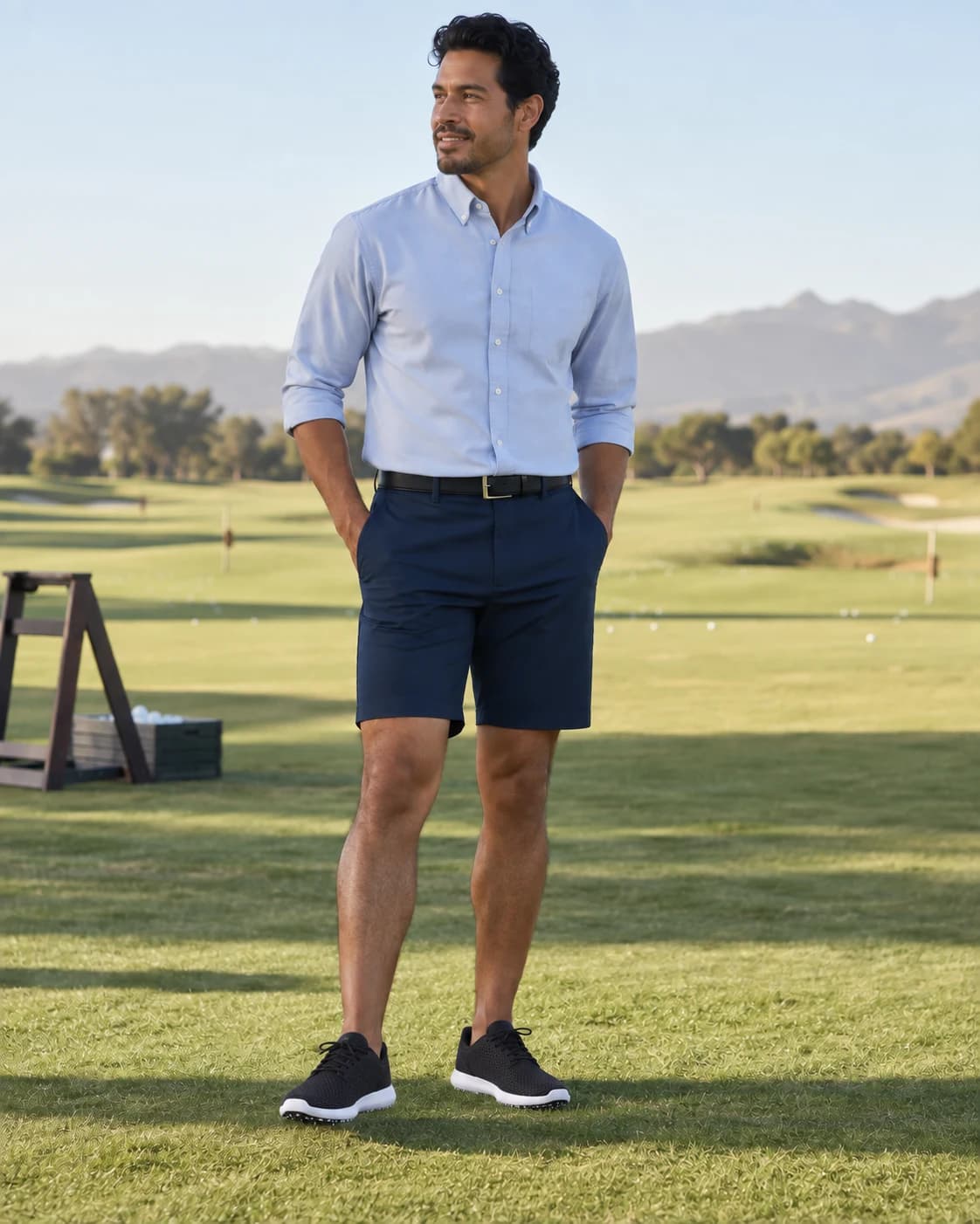 Blue collared Oxford shirt and navy golf shorts with black Roshe G golf shoes on an adult man at a golf practice range