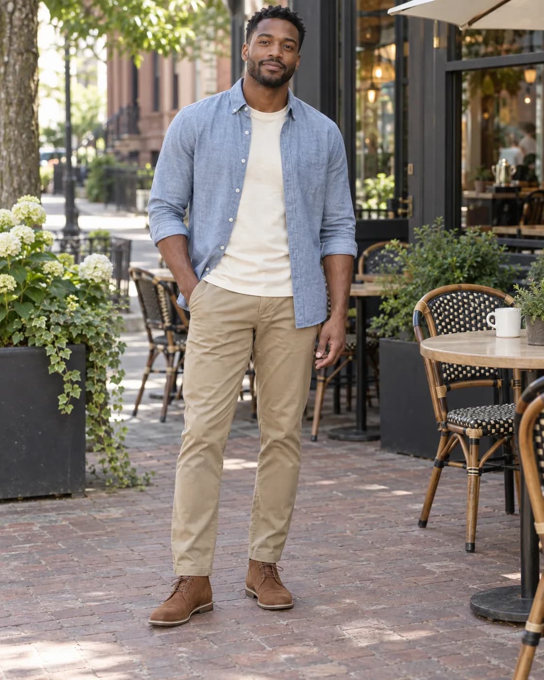 Adult man in a light-blue chambray button-down worn open over a cream tee with khaki chinos and cognac chukka boots