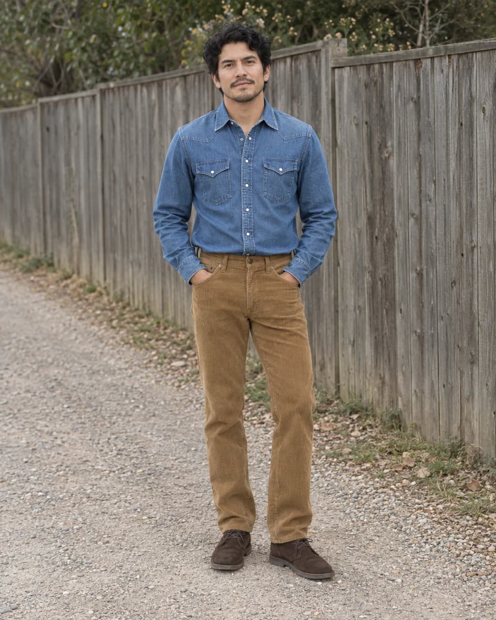 Man wearing a blue snap-front denim shirt, golden tan corduroy trousers and dark brown suede desert boots beside an opaque wooden fence