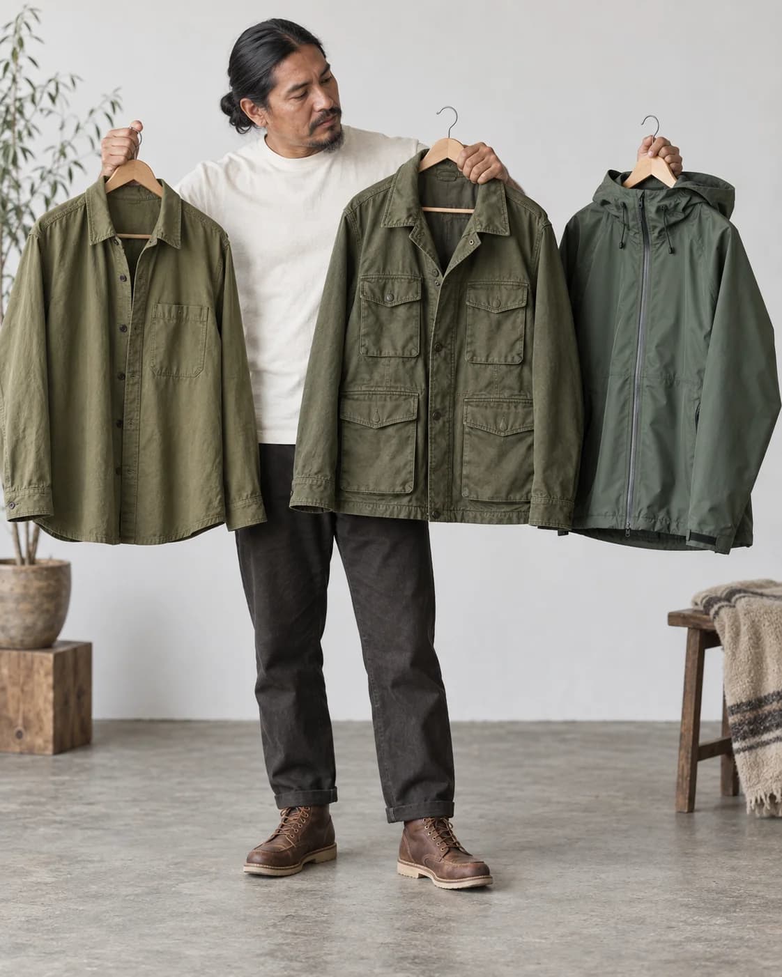 Adult man comparing a lightweight green overshirt, utility jacket and waterproof shell to choose an outer layer