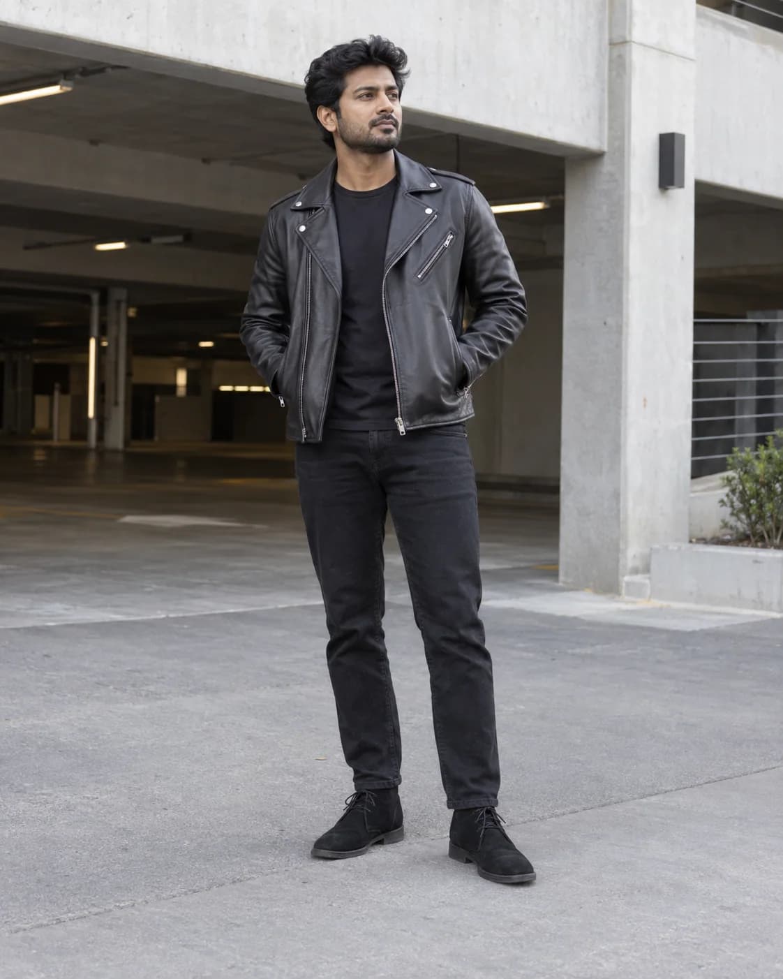 Adult South Asian man wearing a black Brando-style leather jacket over a black tee with black jeans and black suede chukka boots in a concrete city setting