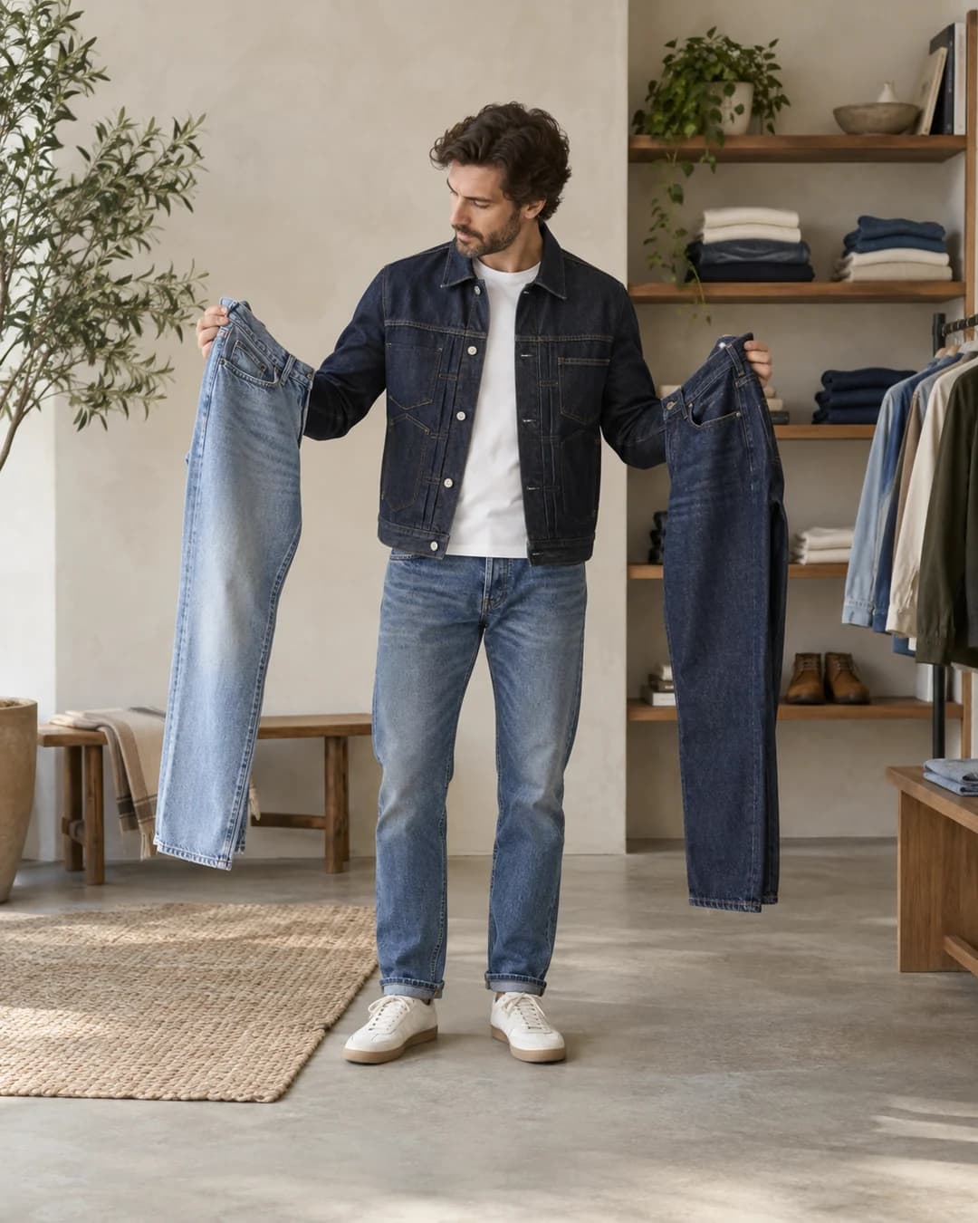 Adult man comparing two denim washes while wearing a dark denim jacket and contrasting jeans