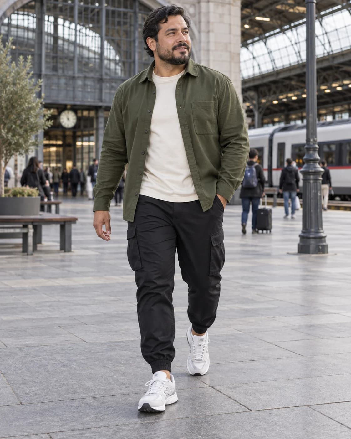 Latino man in black cotton cargo joggers, olive overshirt over a cream tee and white trainers