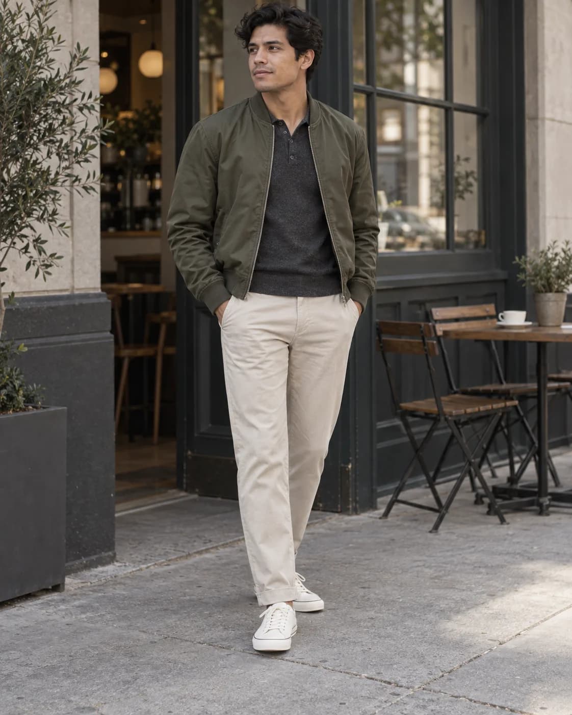 Young adult Latino man wearing an olive bomber jacket over a charcoal knit polo with stone chinos and off-white sneakers outside a cafe