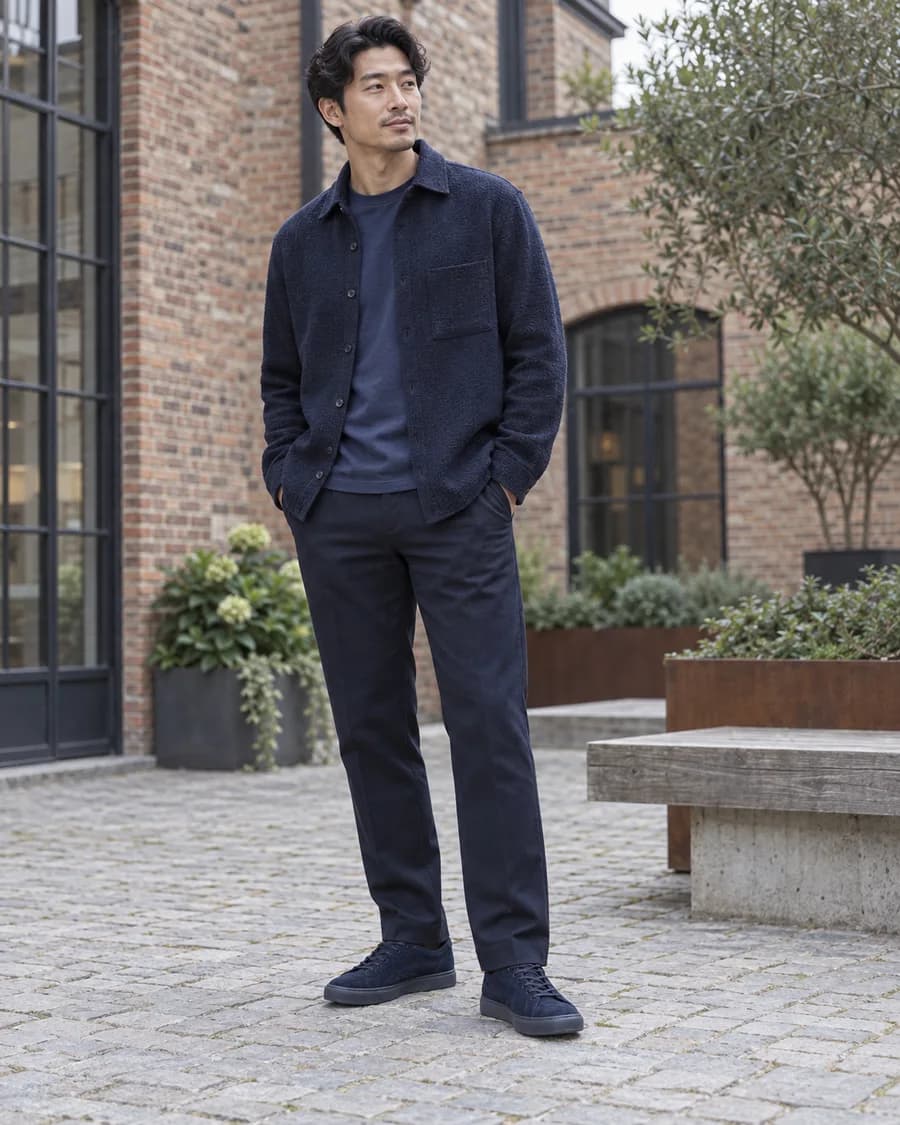 Man wearing a layered navy overshirt, blue T-shirt, navy trousers and navy sneakers