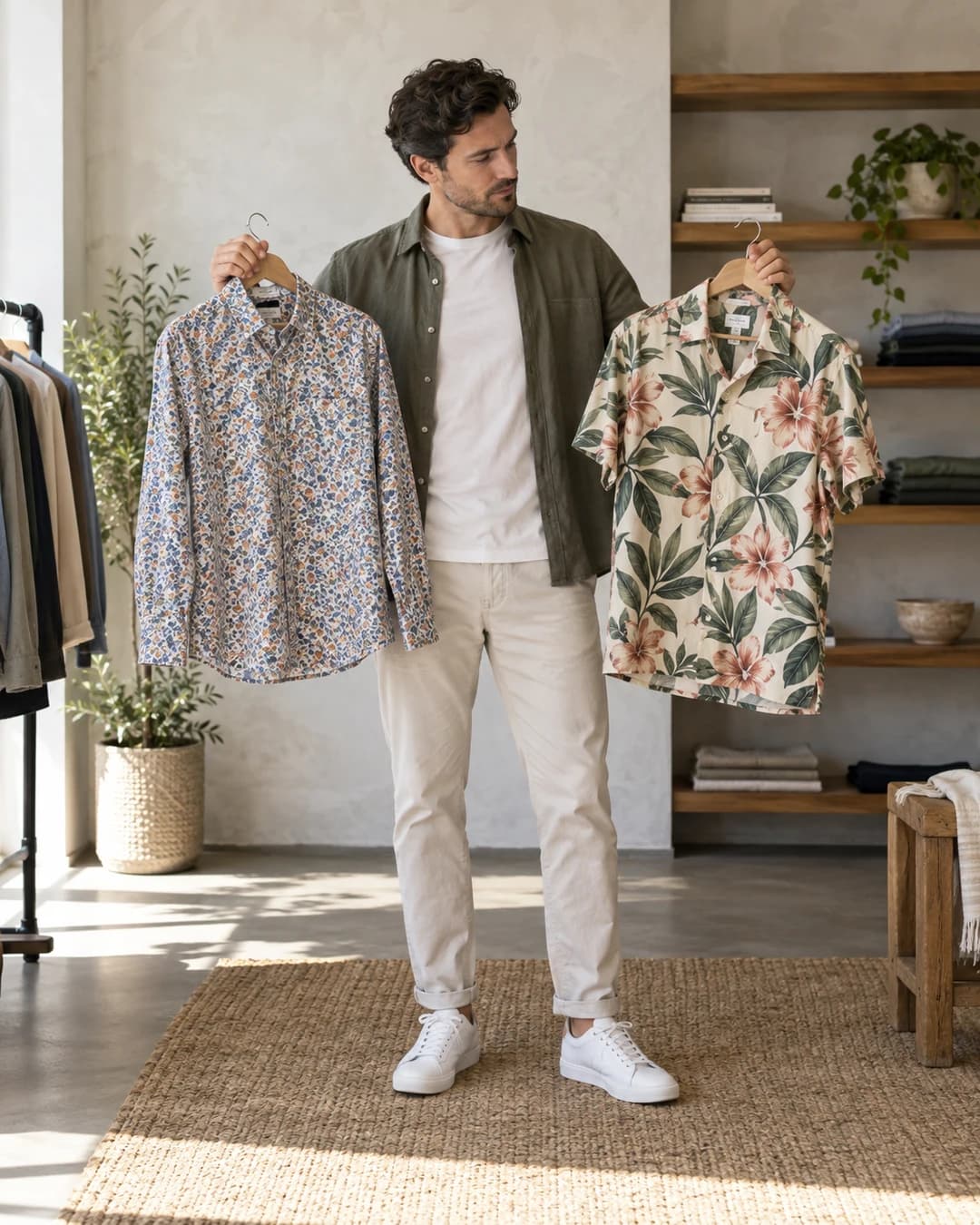 Man comparing small floral and larger botanical shirts, shown full length with shoes visible