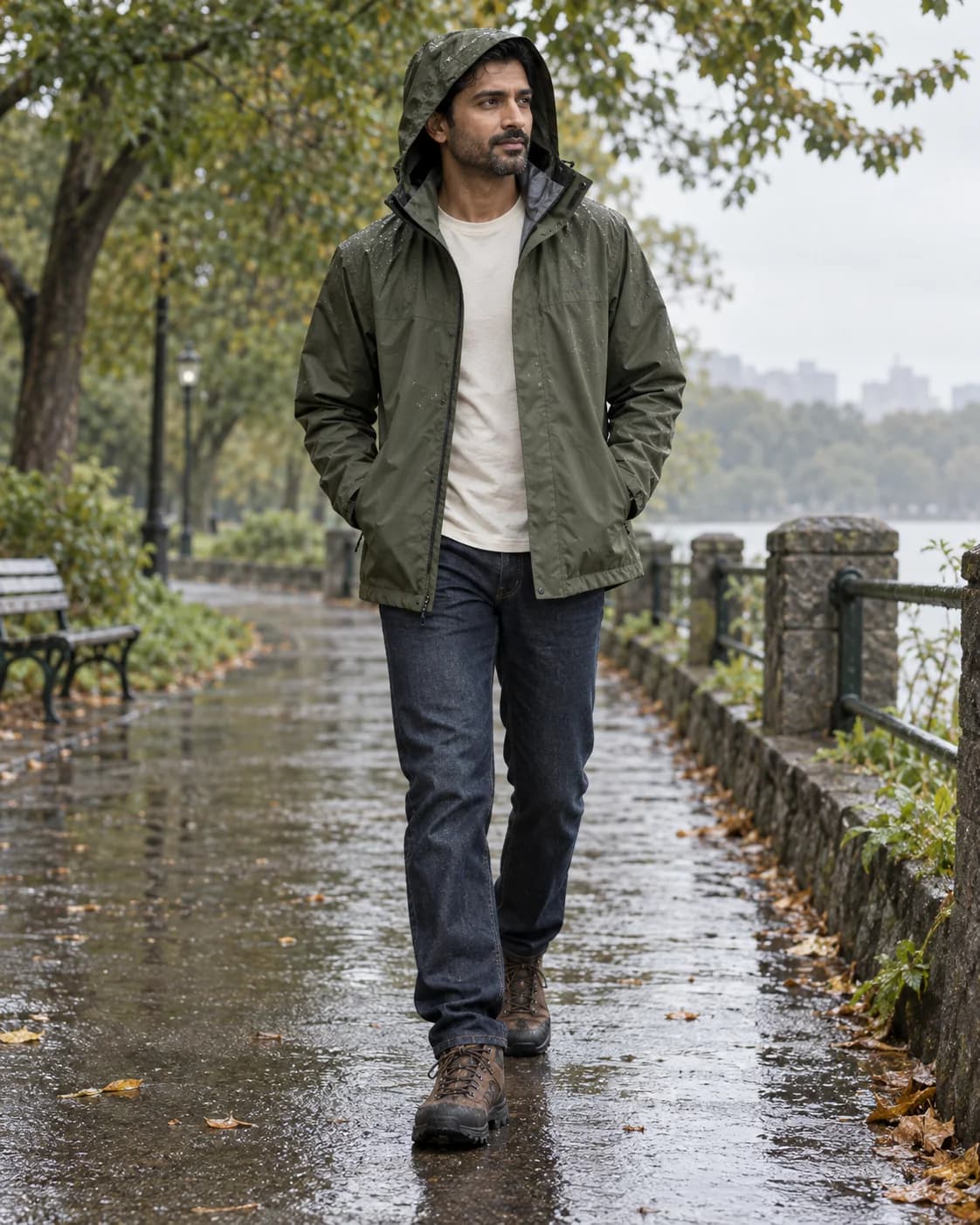 Adult South Asian man wearing an army-green waterproof hooded shell with a cream tee, dark jeans and brown waterproof hiking boots on a wet path