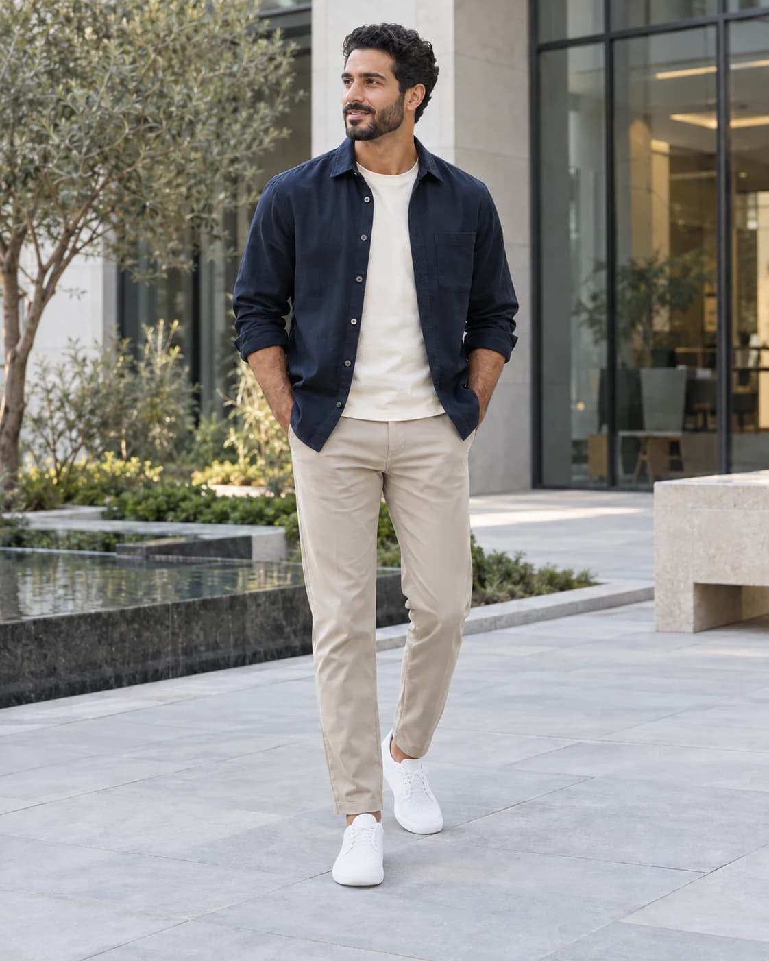 Navy overshirt layered over a cream tee with stone chinos and white mesh Roshe One trainers on an adult man near a modern office courtyard
